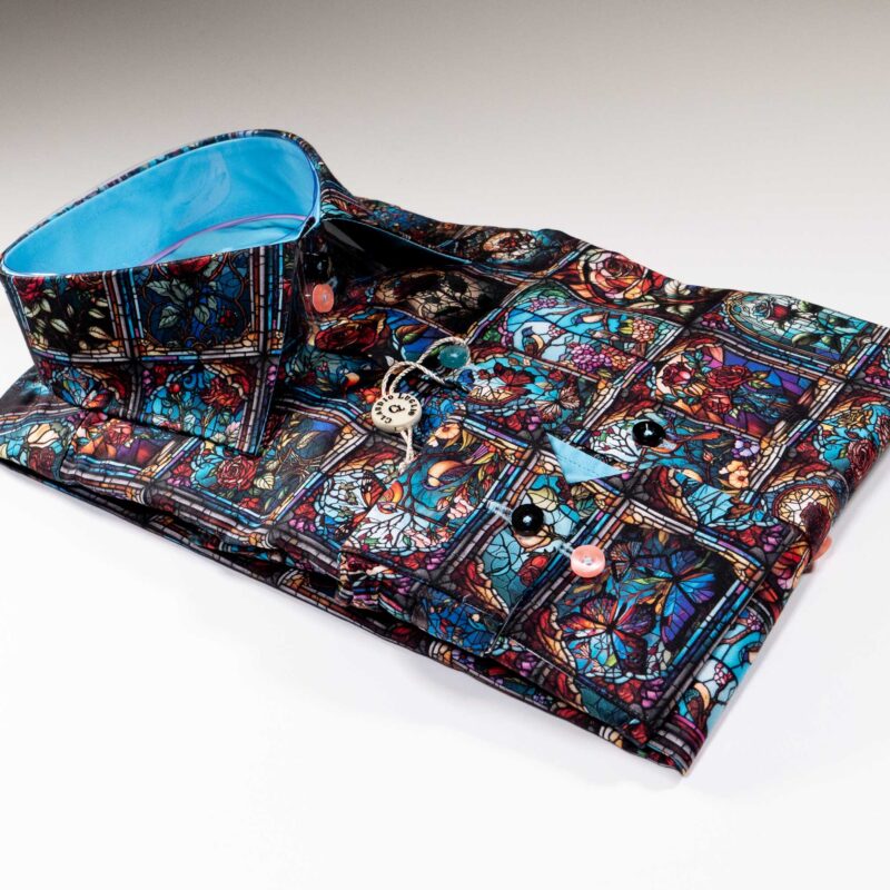 Claudio Lugli Black Shirt with large colourful stained glass pictures of birds and flowers of animals in suits from Gabucci Bath