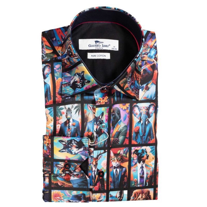 Claudio Lugli Black Shirt with large colourful postcards of animals in suits