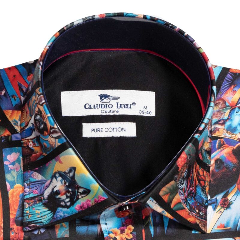 Claudio Lugli Black Shirt with large colourful postcards of animals in suits