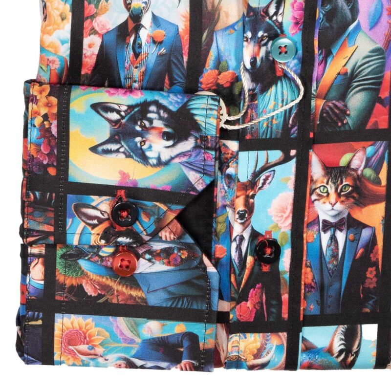 Claudio Lugli Black Shirt with large colourful postcards of animals in suits