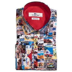 Claudio Lugli White Shirt with a red lining and vintage posters of the Monaco Grand Prix from Gabucci Bath