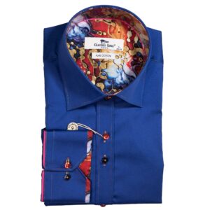 Claudio Lugli blue shirt with colourful pattern on lining and pleated panel on back from Gabucci Bath