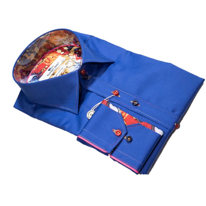 Claudio Lugli blue shirt with colourful pattern on lining and pleated panel on back from Gabucci Bath