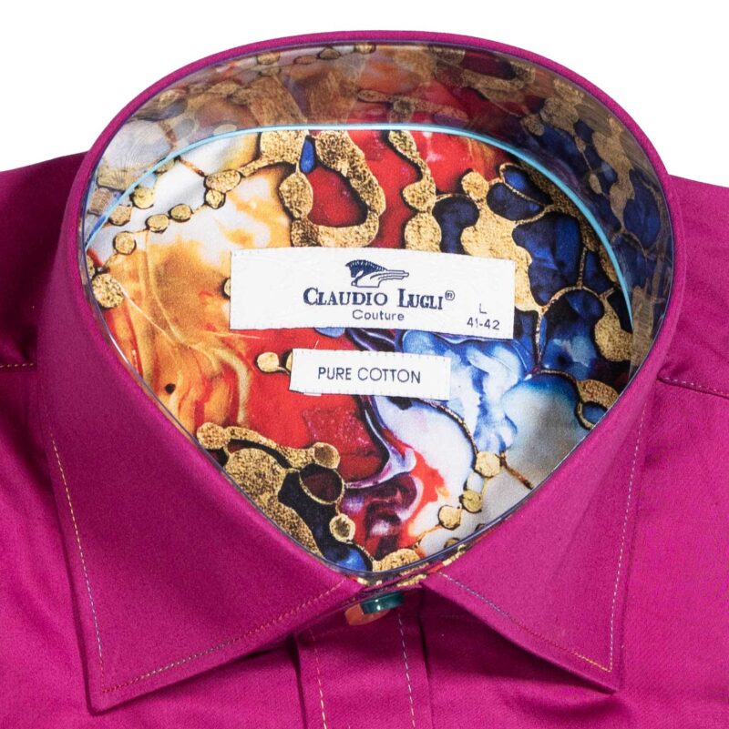 Claudio Lugli Fuchsia Shirt with colourful pattern on lining and pleated panel on back from Gabucci Bath