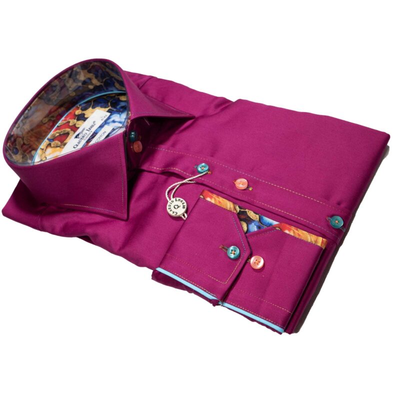 Claudio Lugli Fuchsia Shirt with colourful pattern on lining and pleated panel on back from Gabucci Bath