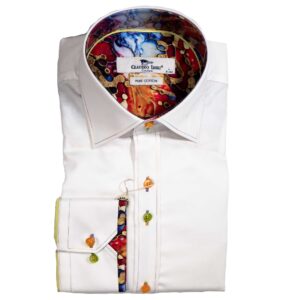 Claudio Lugli white shirt with colourful pattern on lining and pleated panel on back from Gabucci Bath