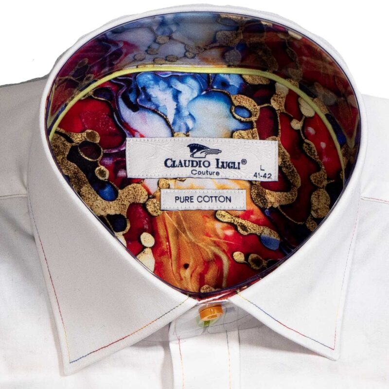 Claudio Lugli white shirt with colourful pattern on lining and pleated panel on back from Gabucci Bath