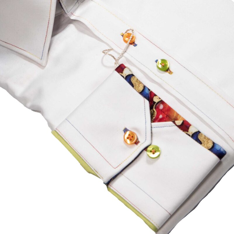 Claudio Lugli white shirt with colourful pattern on lining and pleated panel on back from Gabucci Bath