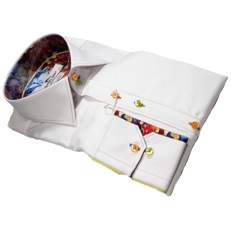 Claudio Lugli white shirt with colourful pattern on lining and pleated panel on back from Gabucci Bath