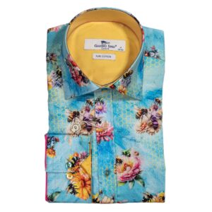 Claudio Lugli Aqua Blue Shirt with bees and large bright colourful flowers from Gabucci Bath