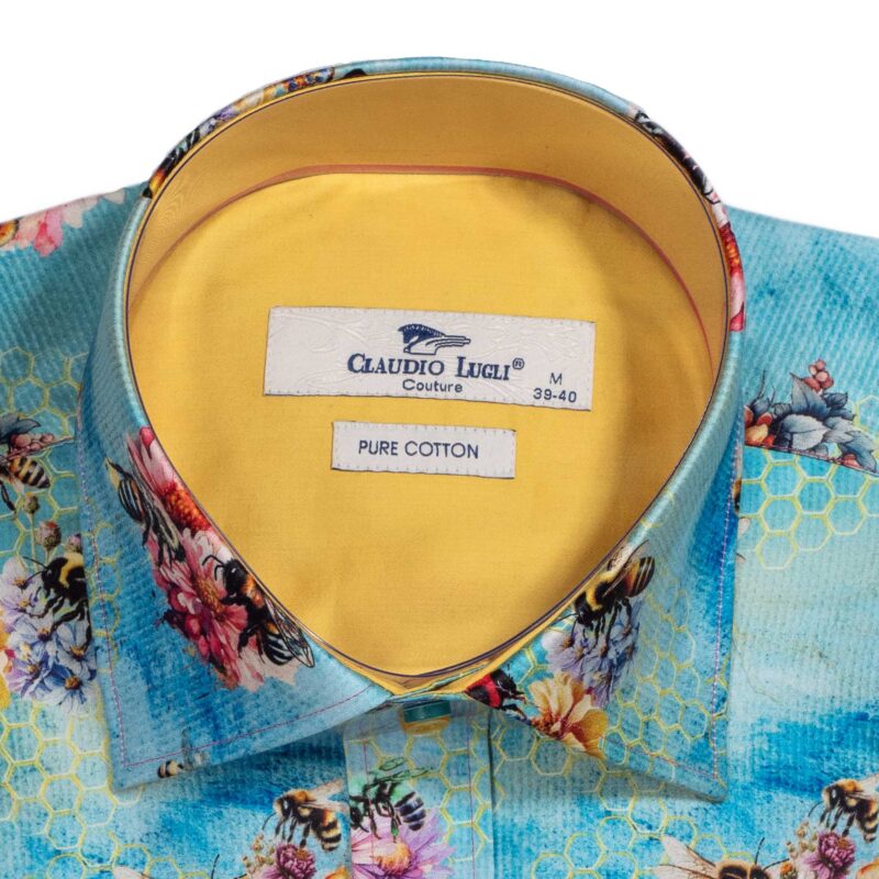 Claudio Lugli Aqua Blue Shirt with bees and large bright colourful flowers from Gabucci Bath