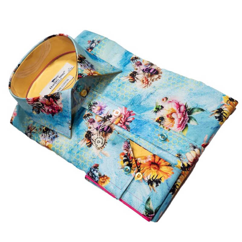 Claudio Lugli Aqua Blue Shirt with bees and large bright colourful flowers from Gabucci Bath