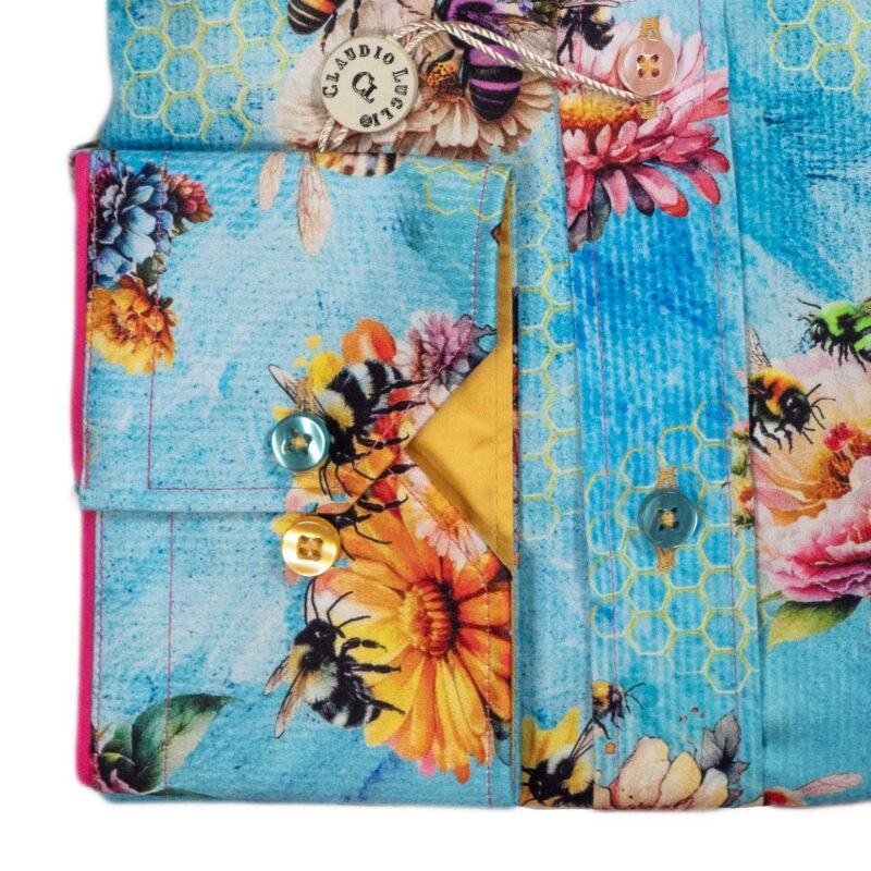 Claudio Lugli Aqua Blue Shirt with bees and large bright colourful flowers from Gabucci Bath