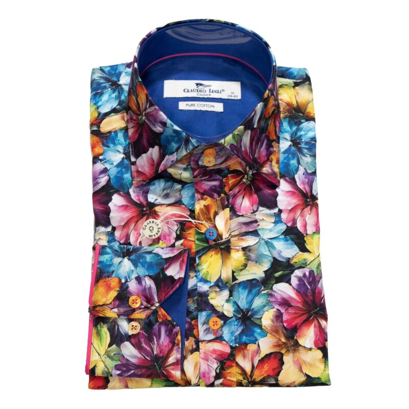 Claudio Lugli Blue Shirt with large bright colourful flowers from Gabucci Bath