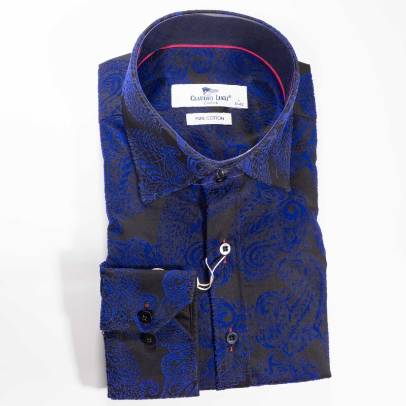 Claudio Lugli Black Shirt with blue on black velvet effect pattern covering the shirt from Gabucci Bath