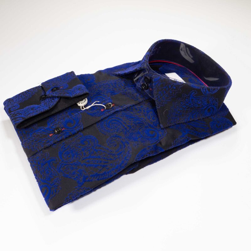 Claudio Lugli Black Shirt with blue on black velvet effect pattern covering the shirt from Gabucci Bath