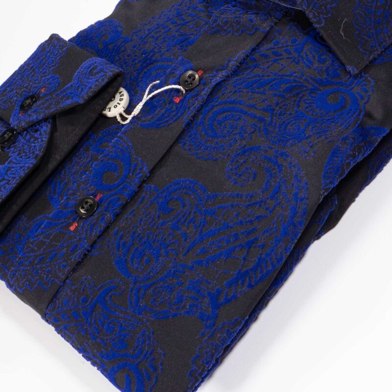 Claudio Lugli Black Shirt with blue on black velvet effect pattern covering the shirt from Gabucci Bath