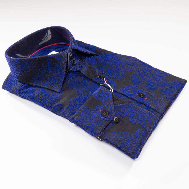 Claudio Lugli Black Shirt with blue on black velvet effect pattern covering the shirt from Gabucci Bath