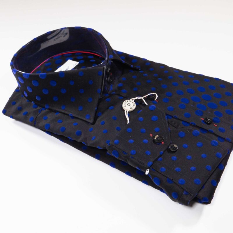 Claudio Lugli Black Shirt with blue on black velvet effect circles covering the shirt from Gabucci Bath