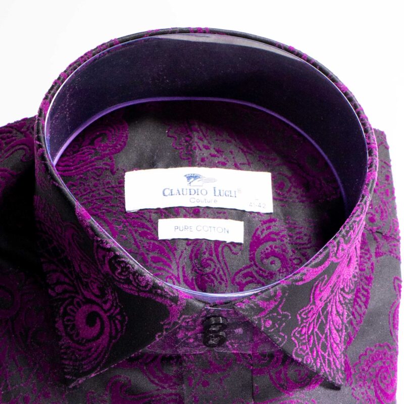 Claudio Lugli Black Shirt with purple on black velvet effect pattern covering the shirt from Gabucci Bath