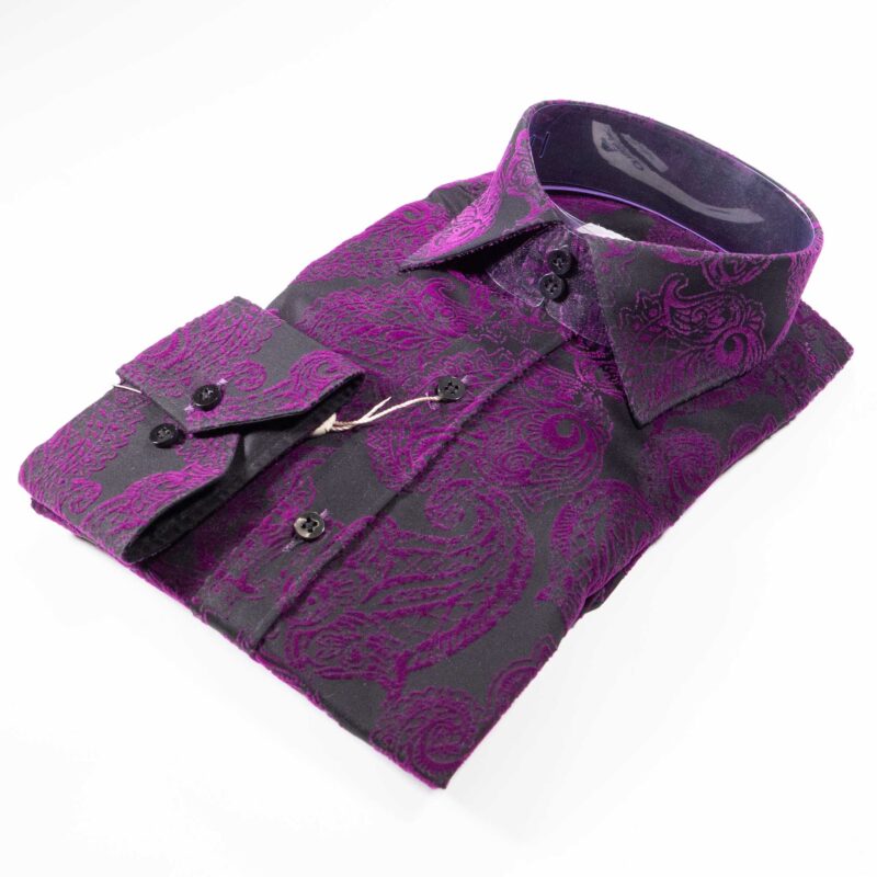 Claudio Lugli Black Shirt with purple on black velvet effect pattern covering the shirt from Gabucci Bath