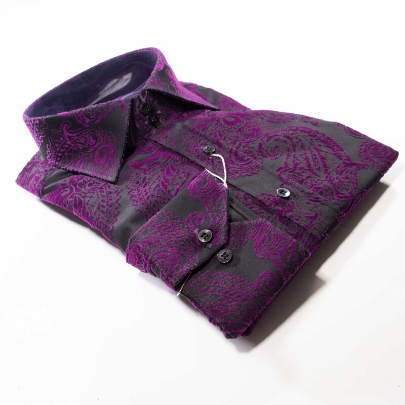 Claudio Lugli Black Shirt with purple on black velvet effect pattern covering the shirt from Gabucci Bath