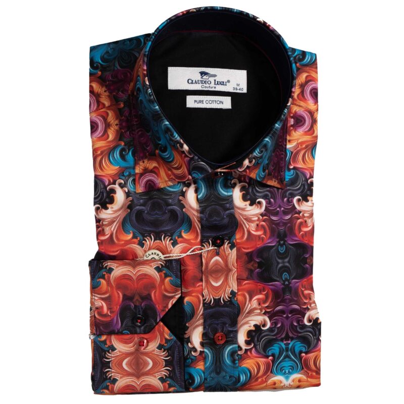 Claudio Lugli Black Shirt with large colourful kaleidoscope designs from Gabucci Bath