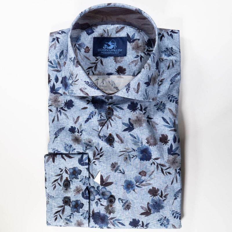 Eden Valley blue shirt with large flowers in blue and brown from Gabucci Bath