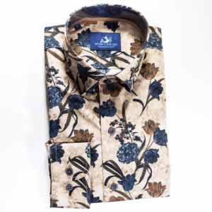 Eden Valley light brown shirt with large flowers in blue and brown