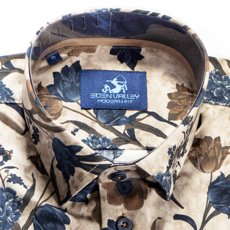 Eden Valley light brown shirt with large flowers in blue and brown