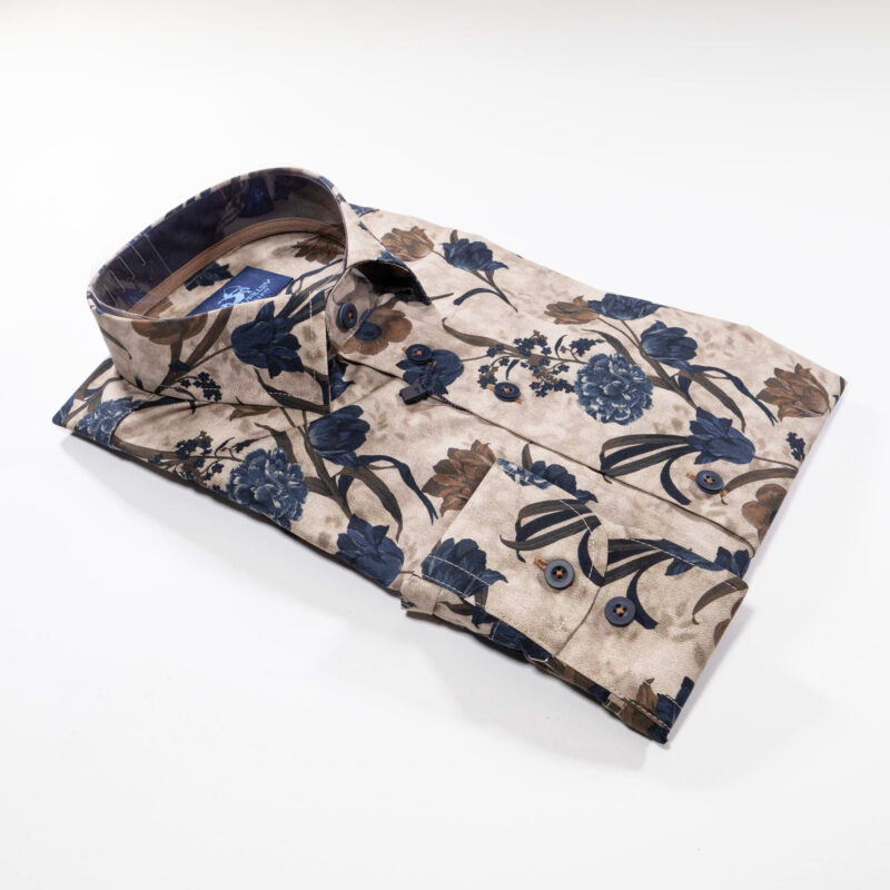 Eden Valley light brown shirt with large flowers in blue and brown