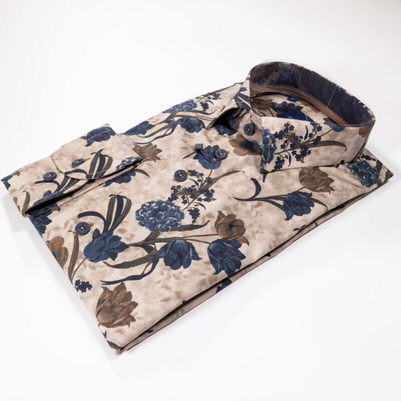 Eden Valley light brown shirt with large flowers in blue and brown