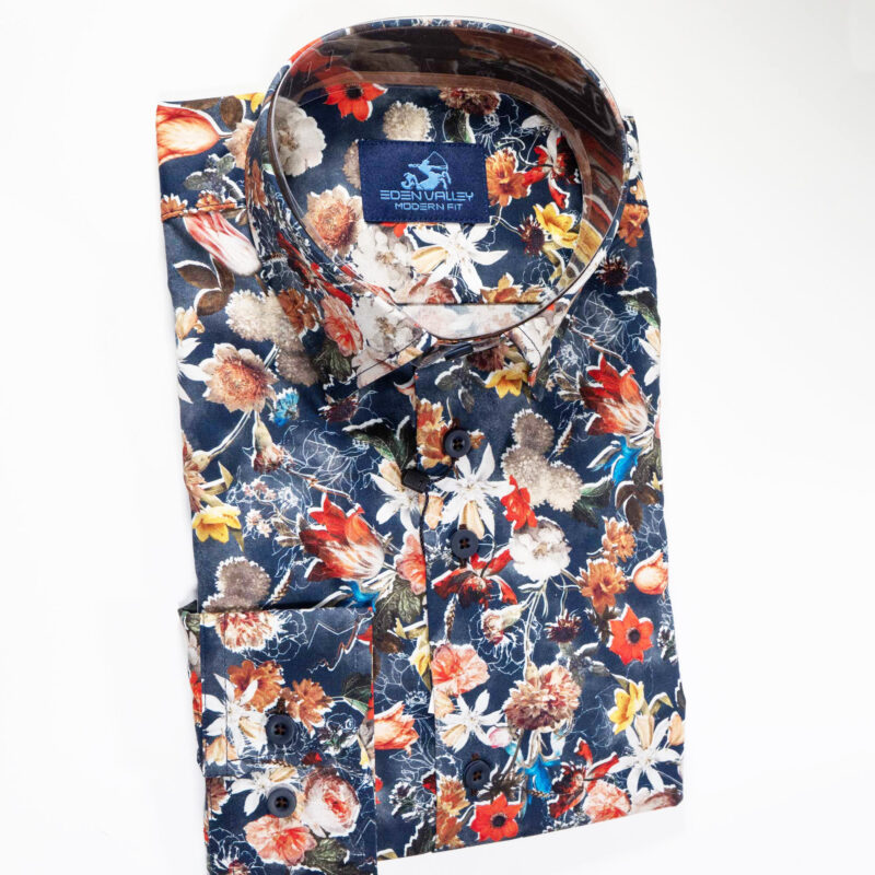 Eden Valley blue shirt with large colourful flowers in red yellow and white