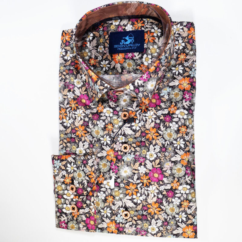 Eden Valley floral shirt with large white, orange and fuchsia pink flowers