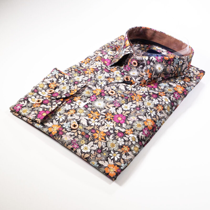 Eden Valley floral shirt with large white, orange and fuchsia pink flowers