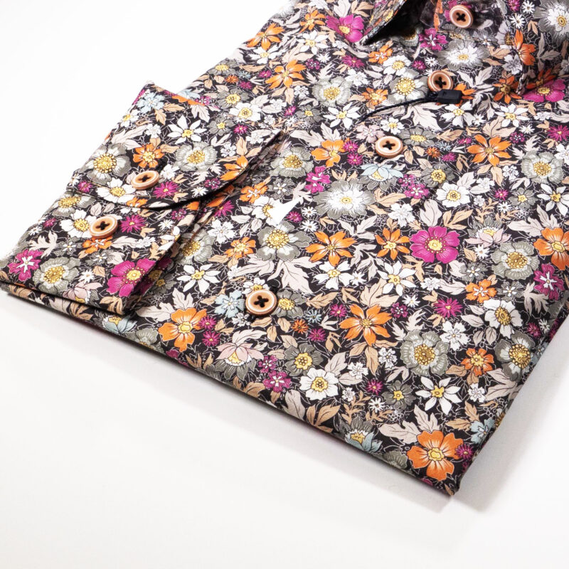 Eden Valley floral shirt with large white, orange and fuchsia pink flowers