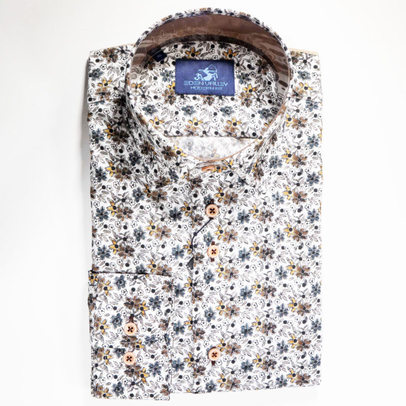 Eden Valley white shirt with small blue and brown winter flowers from Gabucci Bath