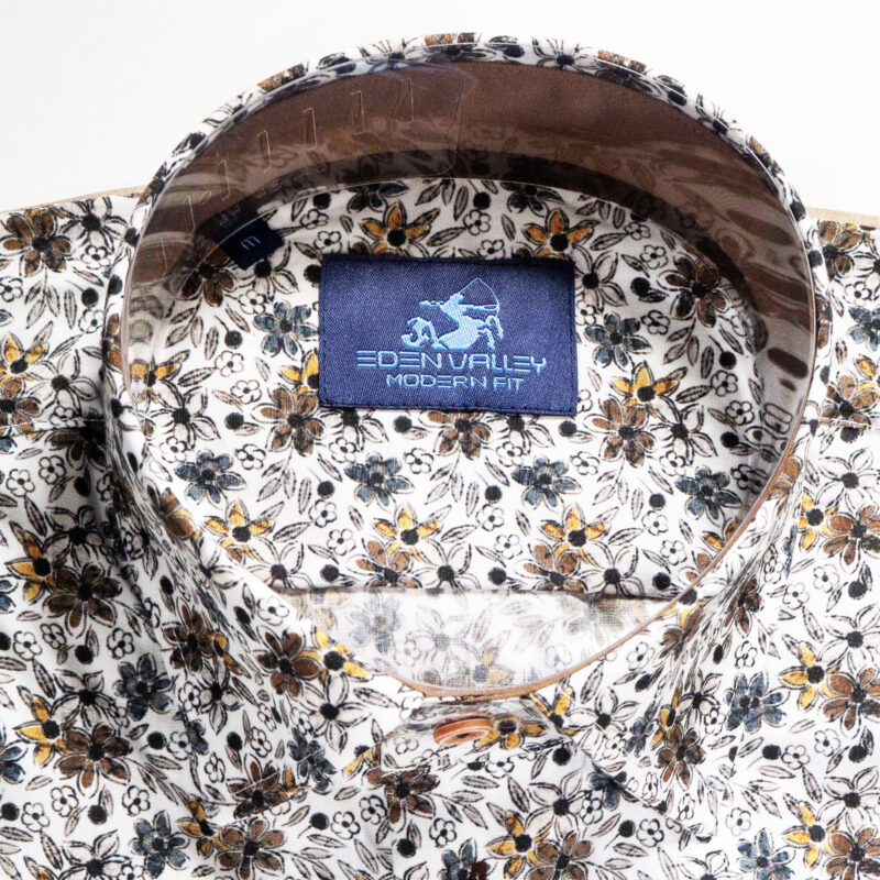 Eden Valley white shirt with small blue and brown winter flowers from Gabucci Bath