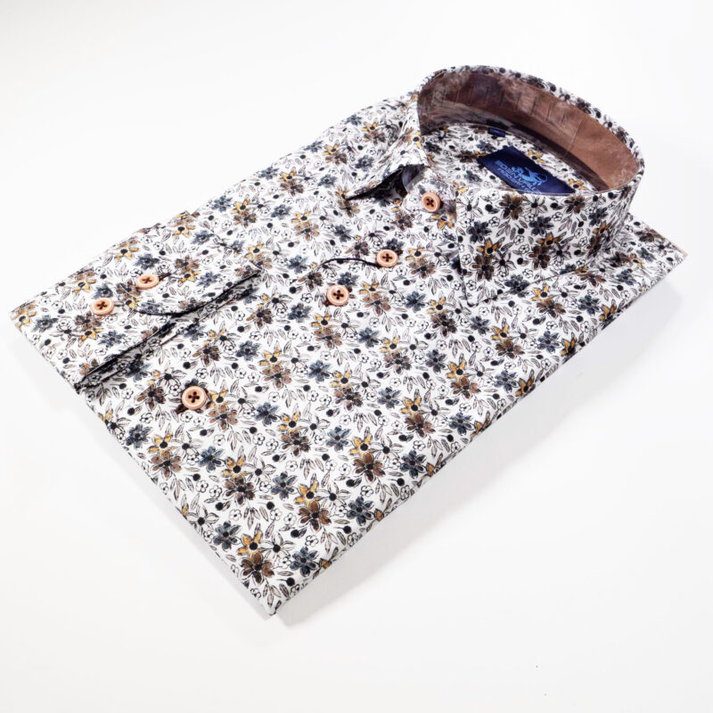 Eden Valley white shirt with small blue and brown winter flowers from Gabucci Bath