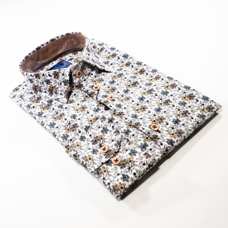 Eden Valley white shirt with small blue and brown winter flowers from Gabucci Bath