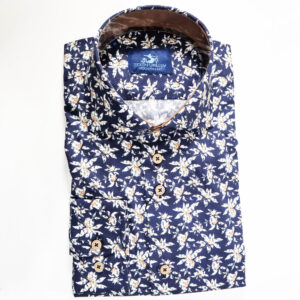 Eden Valley navy blue shirt with large white flower shapes with foliage underneath