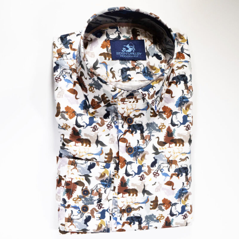 Eden Valley white shirt with blue and brown wintry scenes with animals