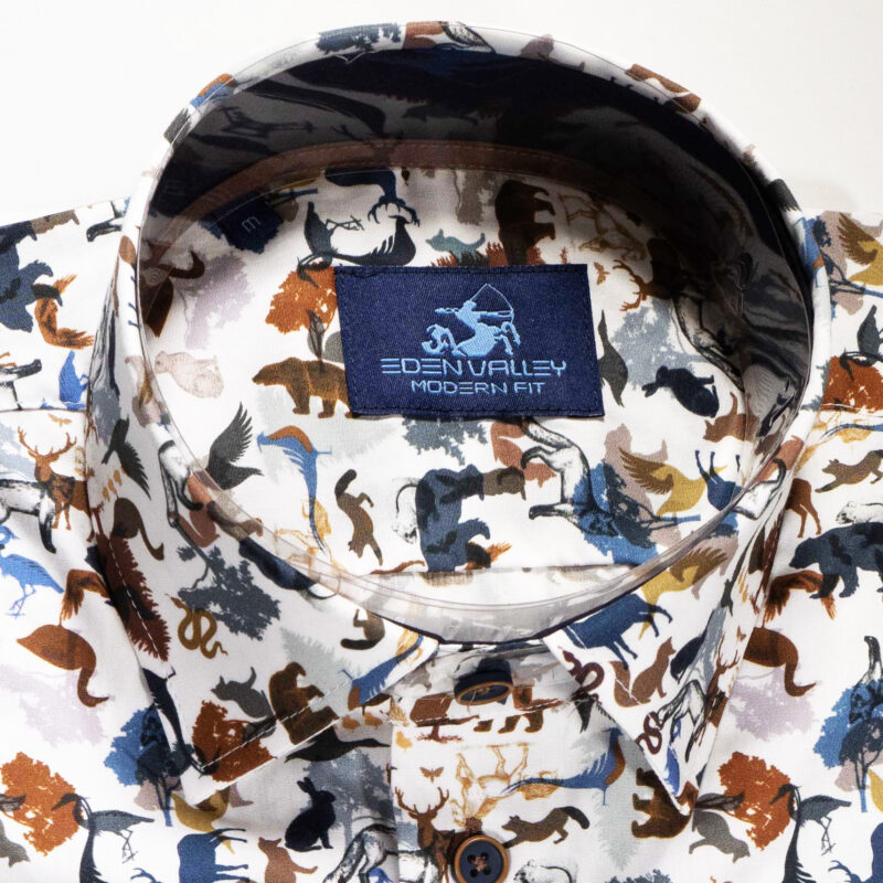 Eden Valley white shirt with blue and brown wintry scenes with animals