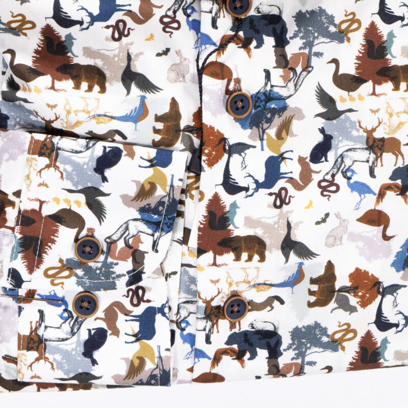 Eden Valley white shirt with blue and brown wintry scenes with animals