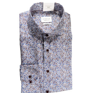 Eterna white shirt with intricate small blue and brown foliage. From Gabucci Menswear Bath