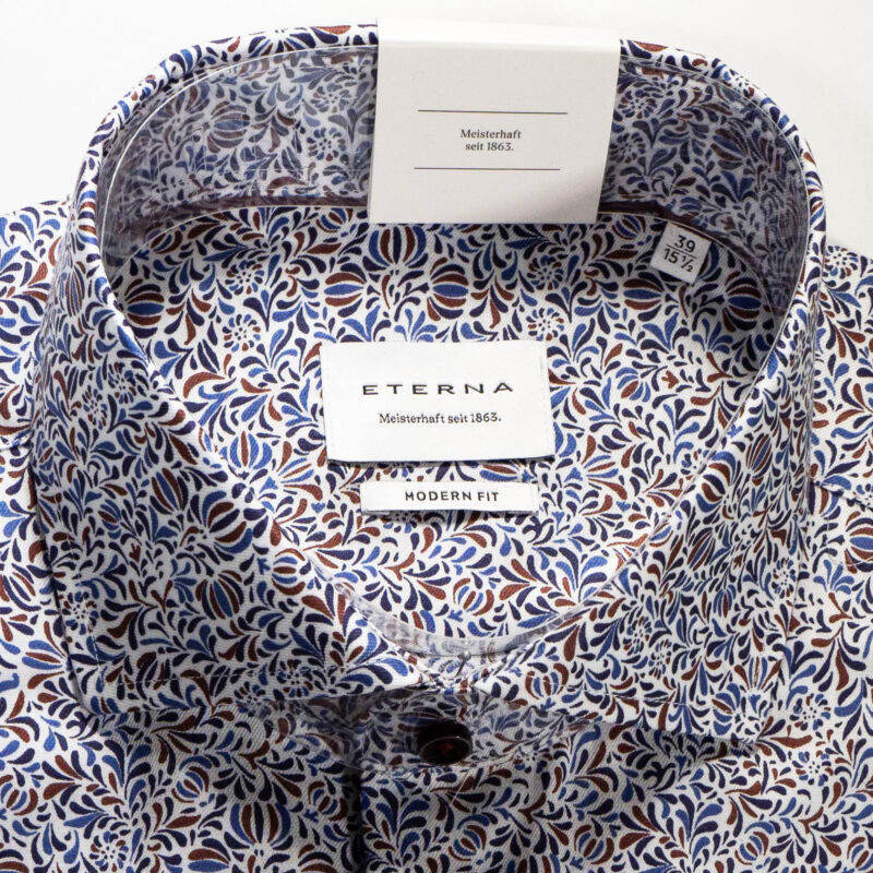 Eterna white shirt with intricate small blue and brown foliage. From Gabucci Menswear Bath