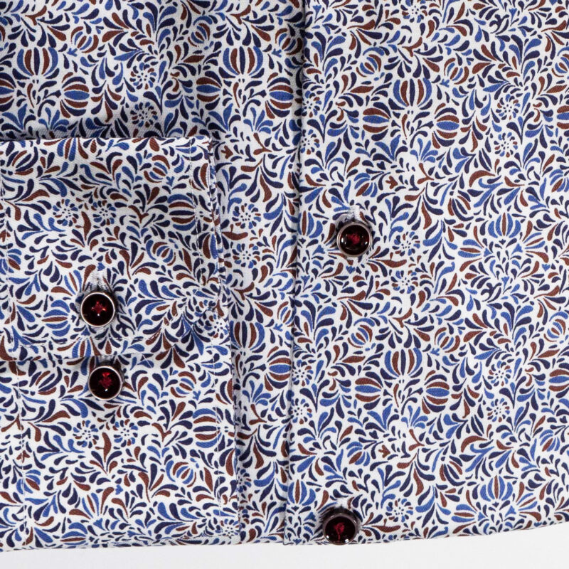 Eterna white shirt with intricate small blue and brown foliage. From Gabucci Menswear Bath