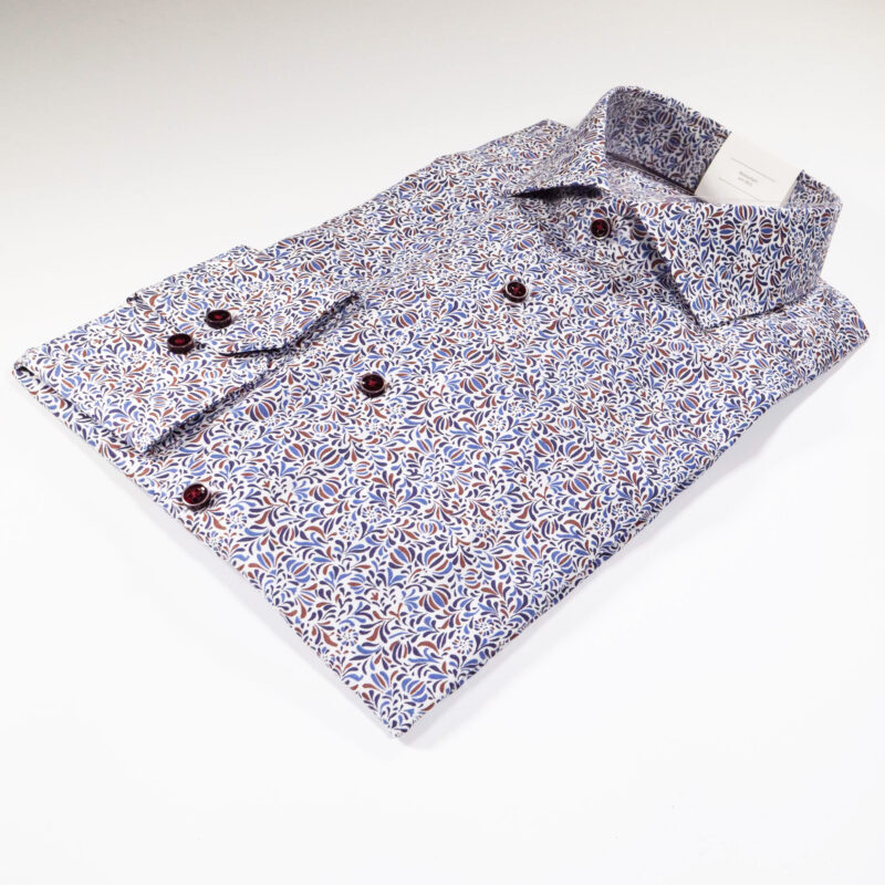 Eterna white shirt with intricate small blue and brown foliage. From Gabucci Menswear Bath