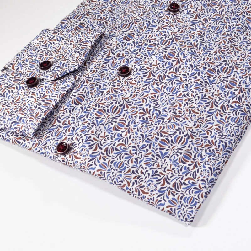 Eterna white shirt with intricate small blue and brown foliage. From Gabucci Menswear Bath