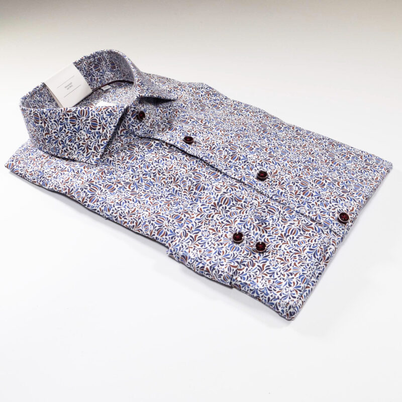 Eterna white shirt with intricate small blue and brown foliage. From Gabucci Menswear Bath